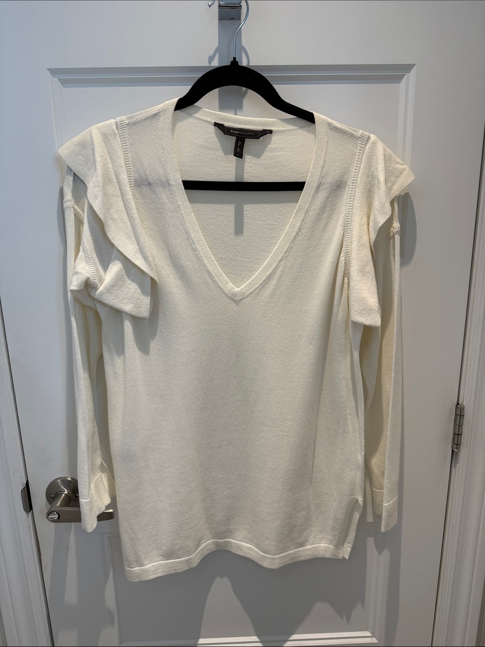 BCBG Maxazaria V-Neck Ruffle Shoulder Sweater